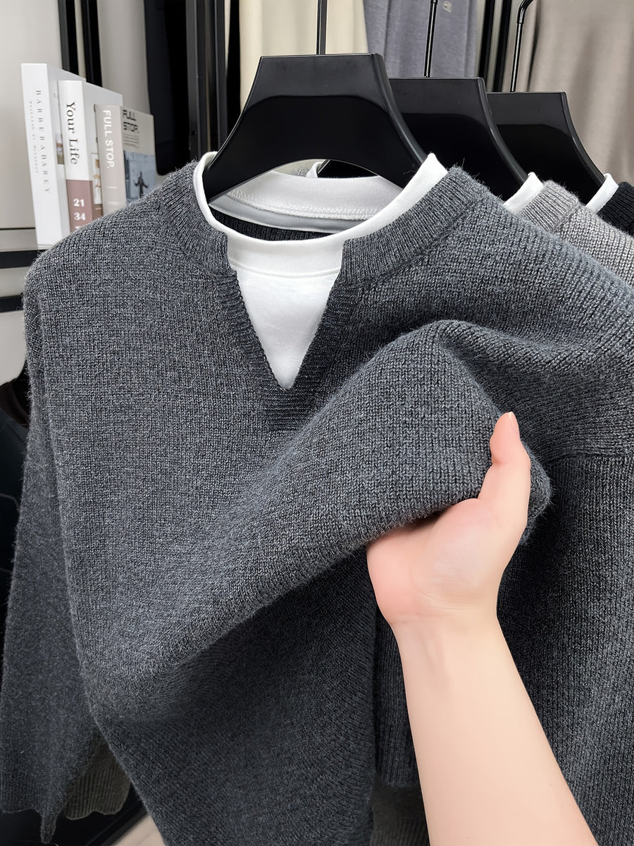 Men'S Loose-Fitting, Half-High Collar, Faux Two-Piece Sweater, Korean Style, Pullover Knitwear for Autumn And Winter, Thickened Trendy Inner Layer - Dark Gray
