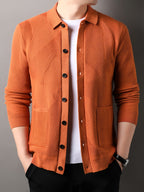Du Jing Lan OBM Men's Autumn/Winter New Arrival Knitted Cardigan, Old Money Style Solid Color Lapel Pocket Open Front Single-Breasted Knit Cardigan, Men's Business Casual Fashion Open Front Knit Cardigan Top, Suitable for Layering in Spring - Orange