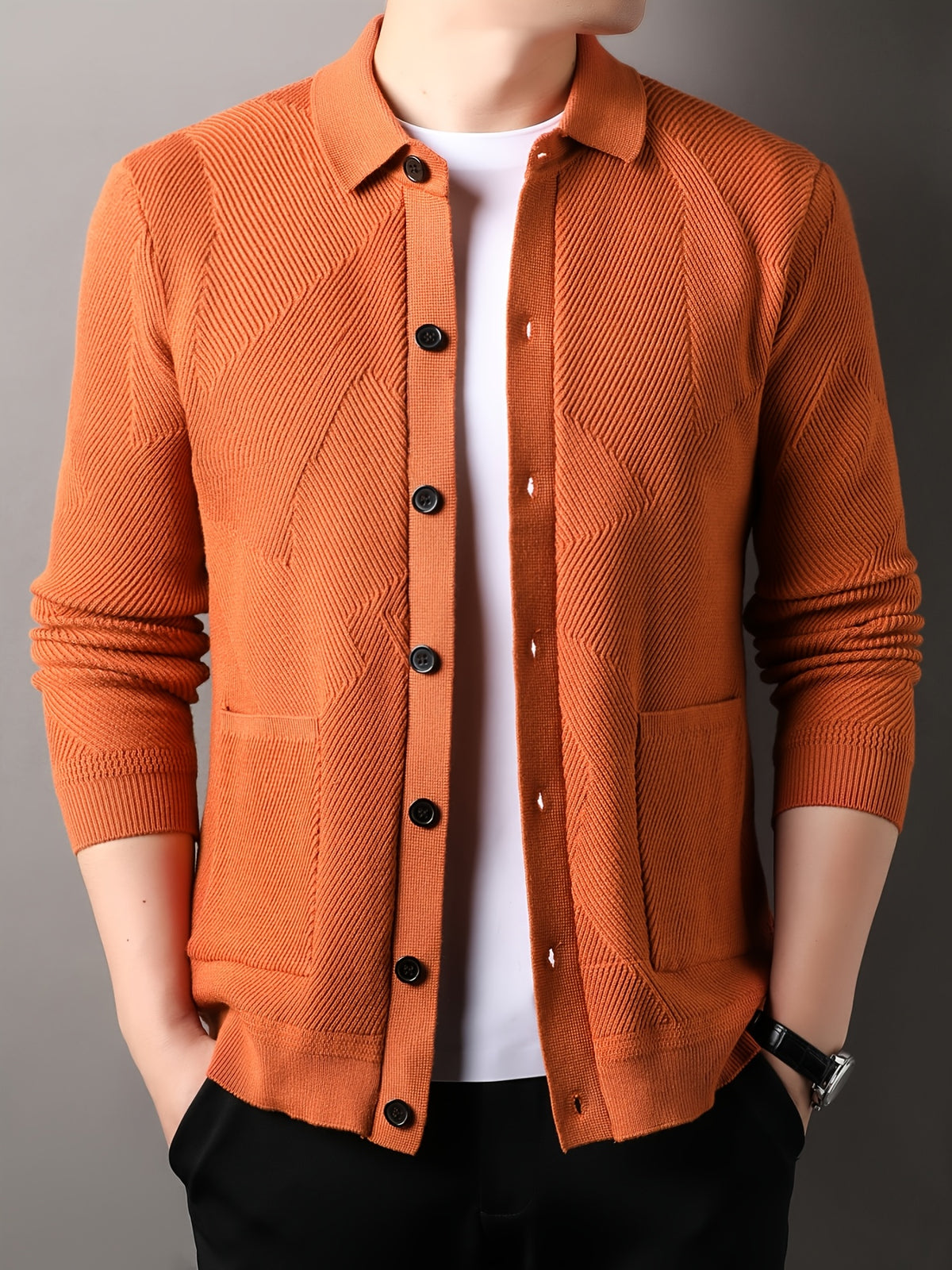 Du Jing Lan OBM Men's Autumn/Winter New Arrival Knitted Cardigan, Old Money Style Solid Color Lapel Pocket Open Front Single-Breasted Knit Cardigan, Men's Business Casual Fashion Open Front Knit Cardigan Top, Suitable for Layering in Spring - Orange