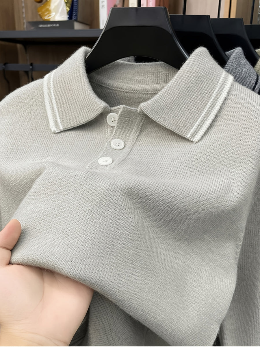 Men'S Lapel Long Sleeve Knit Sweater, Ribbed Cuffs And Hem, Versatile for Casual And Business Wear - Beige Apricot
