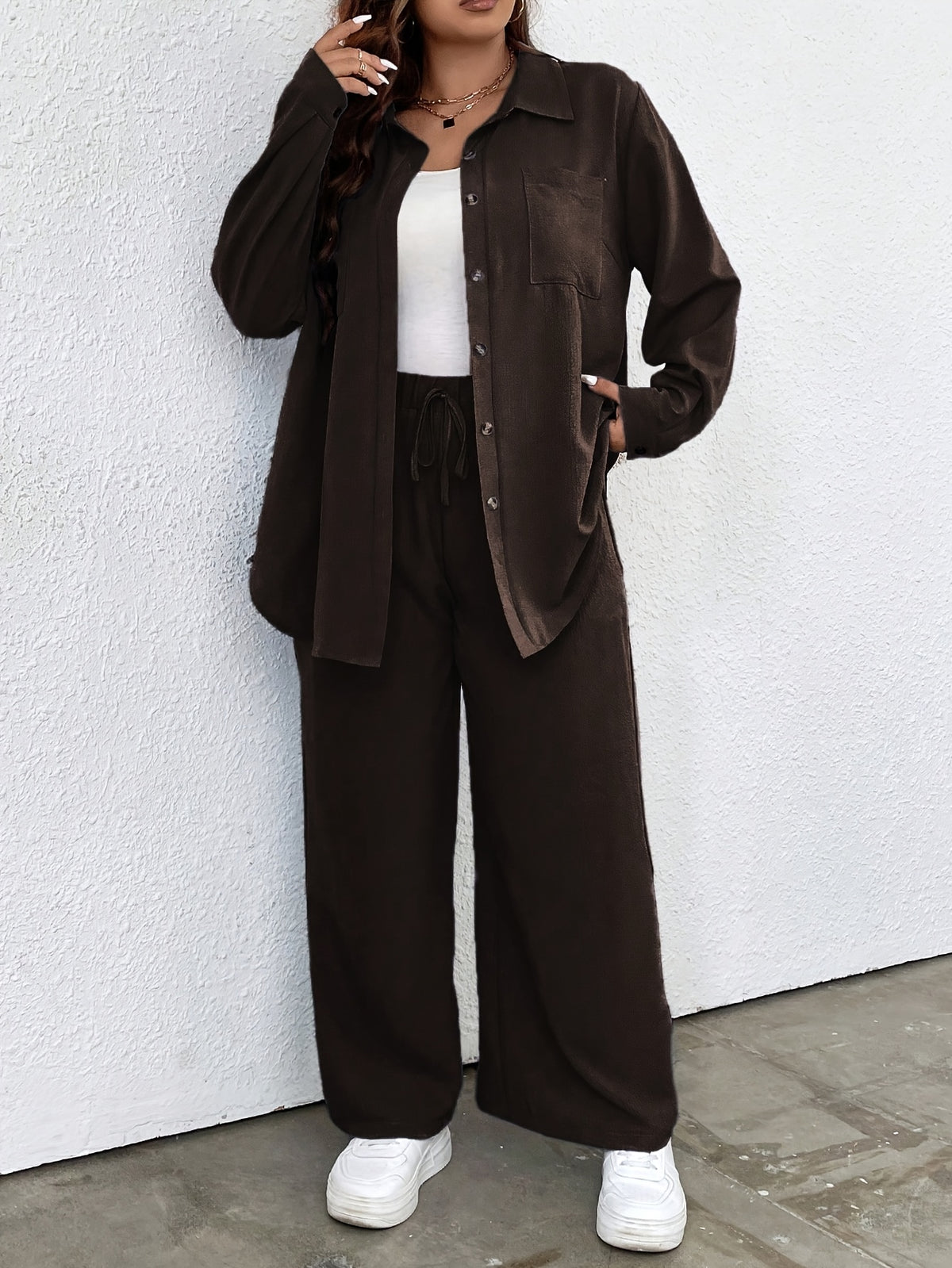 Plus Size - Ladies Fashion Plus Size Two-Piece Set - Coffee Color