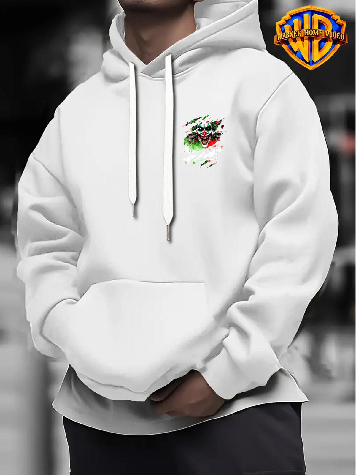 [Officially Licensed by Warner Bros] 1pc, Street Ripped Texture Dark Skull Clown Portrait Casual Hoodie - Men'S Fashion Sweatshirt, Adjustable Drawstring Loose Comfortable Hoodie, Suitable for Daily And Outdoor Wear - White