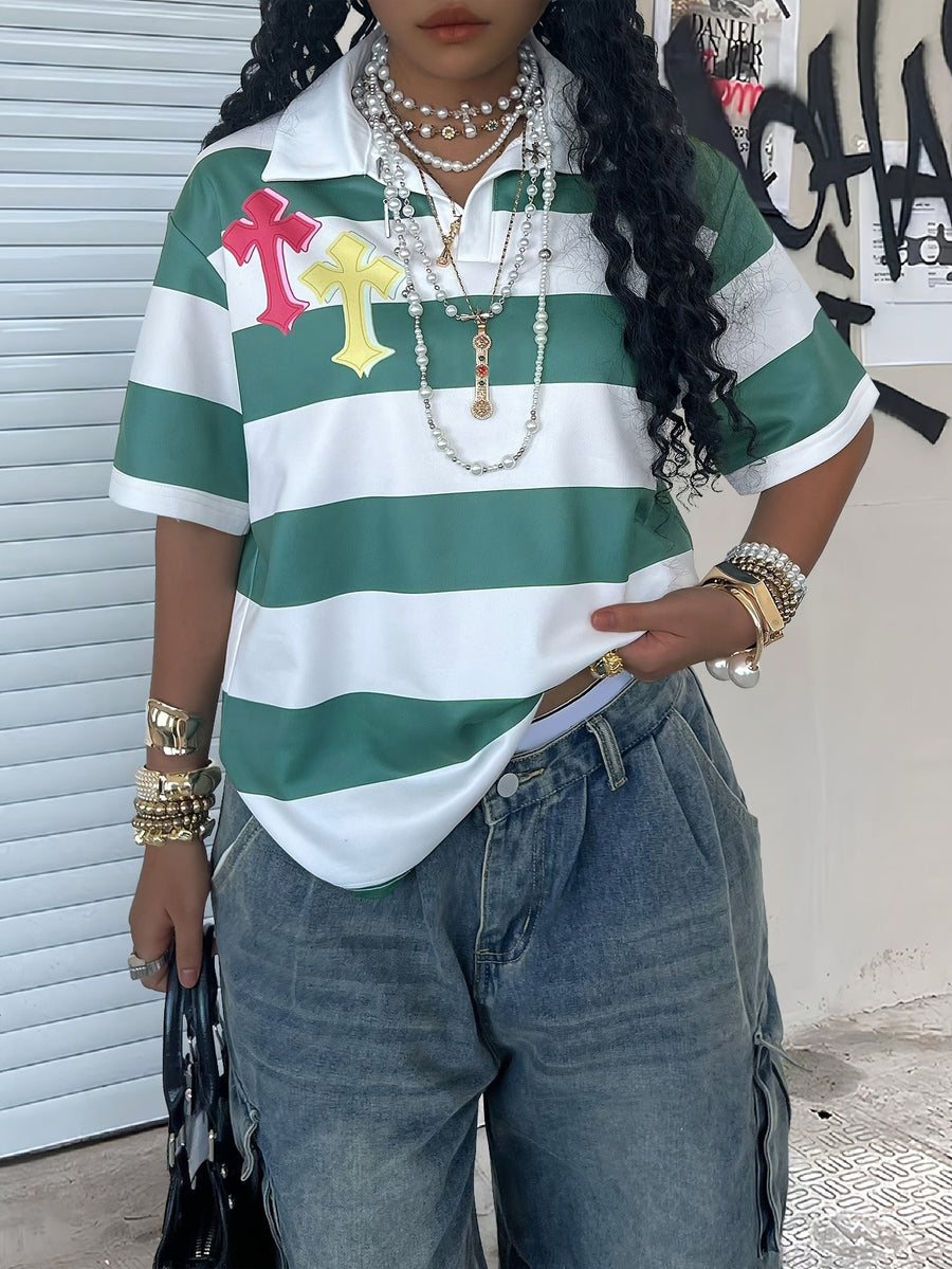 1pc Summer College Style Lapel Short Sleeve T-Shirt Women, Trendy Retro Number 23 Print Contrast Color Patchwork Design Casual Top, Streetwear Essential - White Green 2