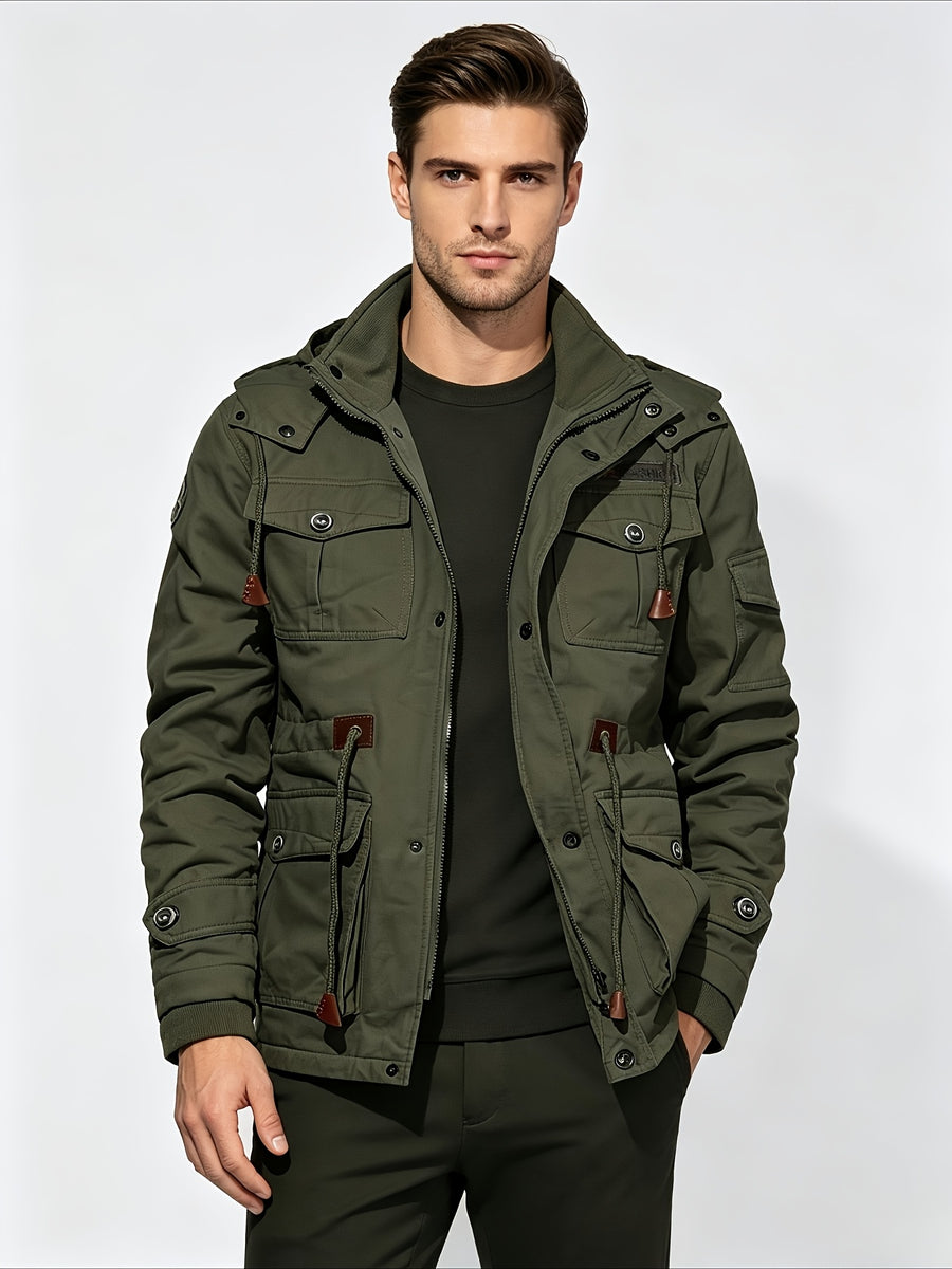 TNZI Men' Vintage Washed Hooded Cargo Jacket - Multi-Button & Zipper Hooded Coat with Collar, Half-Door Zipper Closure, Button Utility Outerwear Suitable for Business Commute, Outdoor Hiking, Winter Streetwear Jacket - Dark Green