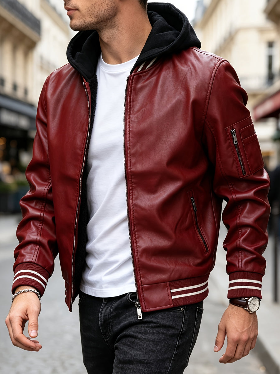 2026 New Best Choice 1pc Men'S Faux Leather Solid Color Hooded Lining Fleece Faux Leather Jacket Metal Zipper Multi-Pocket Design Casual Light Business Style Fall Slim Commute Daily Coat - Burgundy