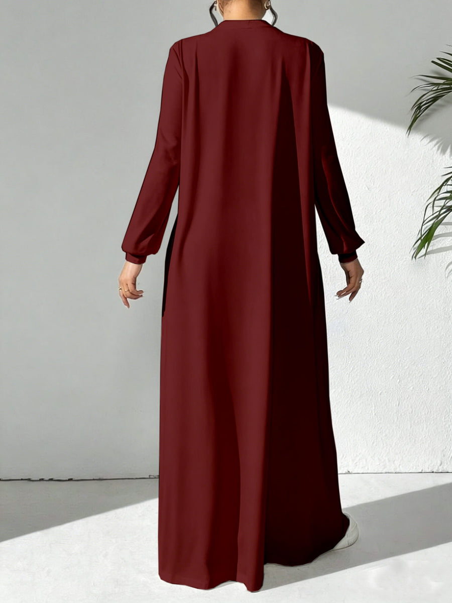Women'S Casual Solid Color Arabian Style Dress, Spring/Autumn Season, Easy Long Sleeve Dress, Perfect for Beach/Casual/Vacation/Home Wear/Daily Wear - Burgundy