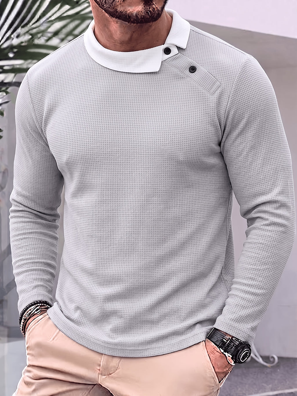 Men's Color-Block Diagonal Button Lapel Waffle Knit Long-Sleeve Polo Shirt, Spring/Autumn Waffle Knit Breathable Lightweight Business Casual Versatile Base Layer Top - Granny Gray