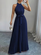 High-society Style Temperamental Off-shoulder Halter Neck Dress for Women, Summer Design with Cinched Waist, Tie-up Detail, Pleated, Loose Fit, and Full Flared Hem - Blue