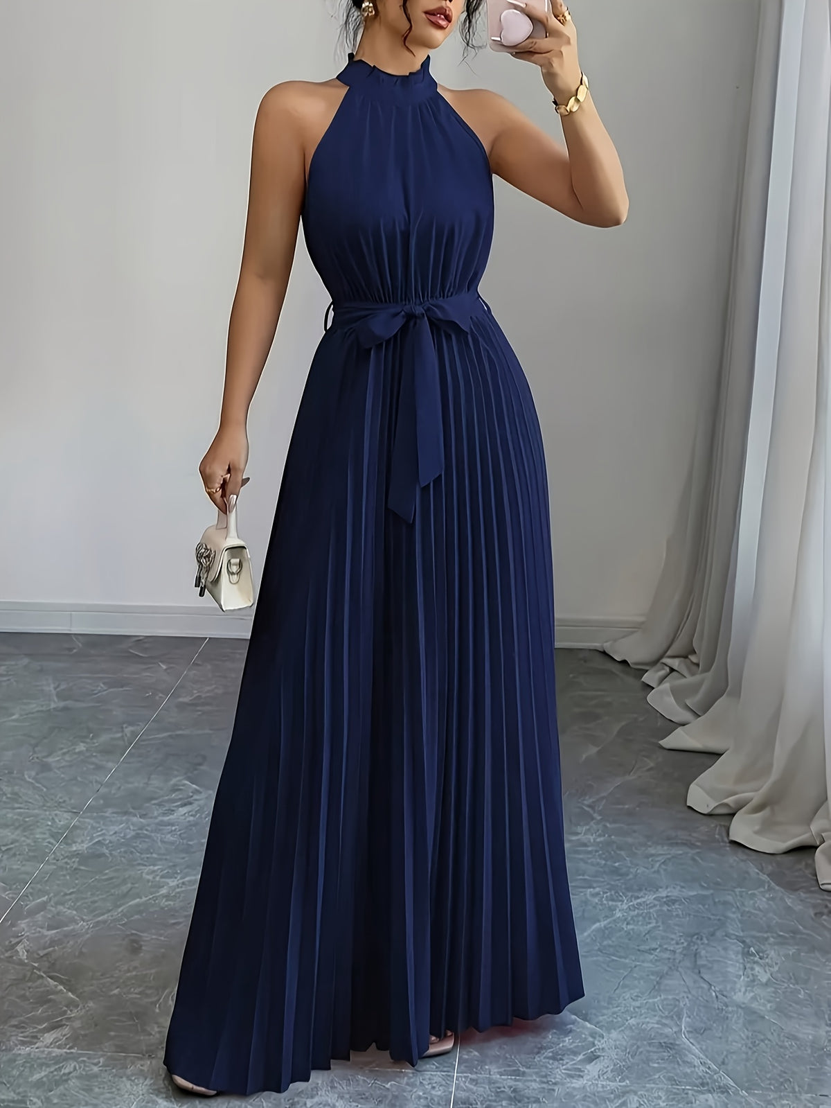 High-society Style Temperamental Off-shoulder Halter Neck Dress for Women, Summer Design with Cinched Waist, Tie-up Detail, Pleated, Loose Fit, and Full Flared Hem - Blue