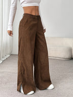 Elegant Solid Velvet Side-Slit Straight Long Trousers - Brown