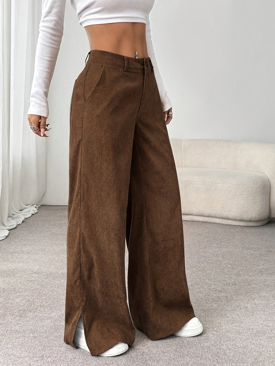 Elegant Solid Velvet Side-Slit Straight Long Trousers - Brown