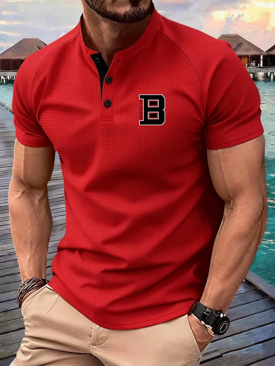 Breathable and Comfortable Men's Casual Short-sleeve Henley Waffle Knit Shirt with a Stand-up Collar - Red