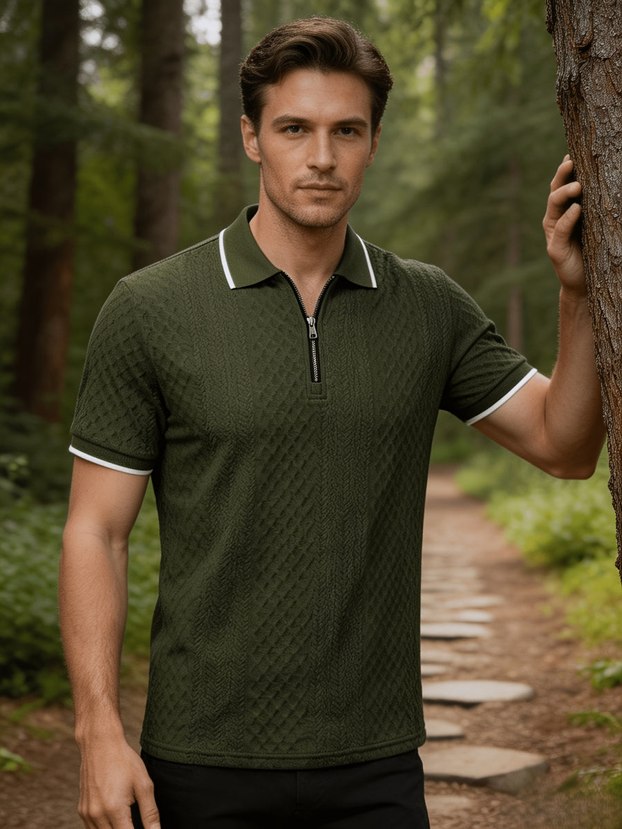 Men'S Quarter-Zip Knit Polo Shirt, Textured Diamond Jacquard Short Sleeve Top, Summer Golf Casual Office Street Wear - Army Green