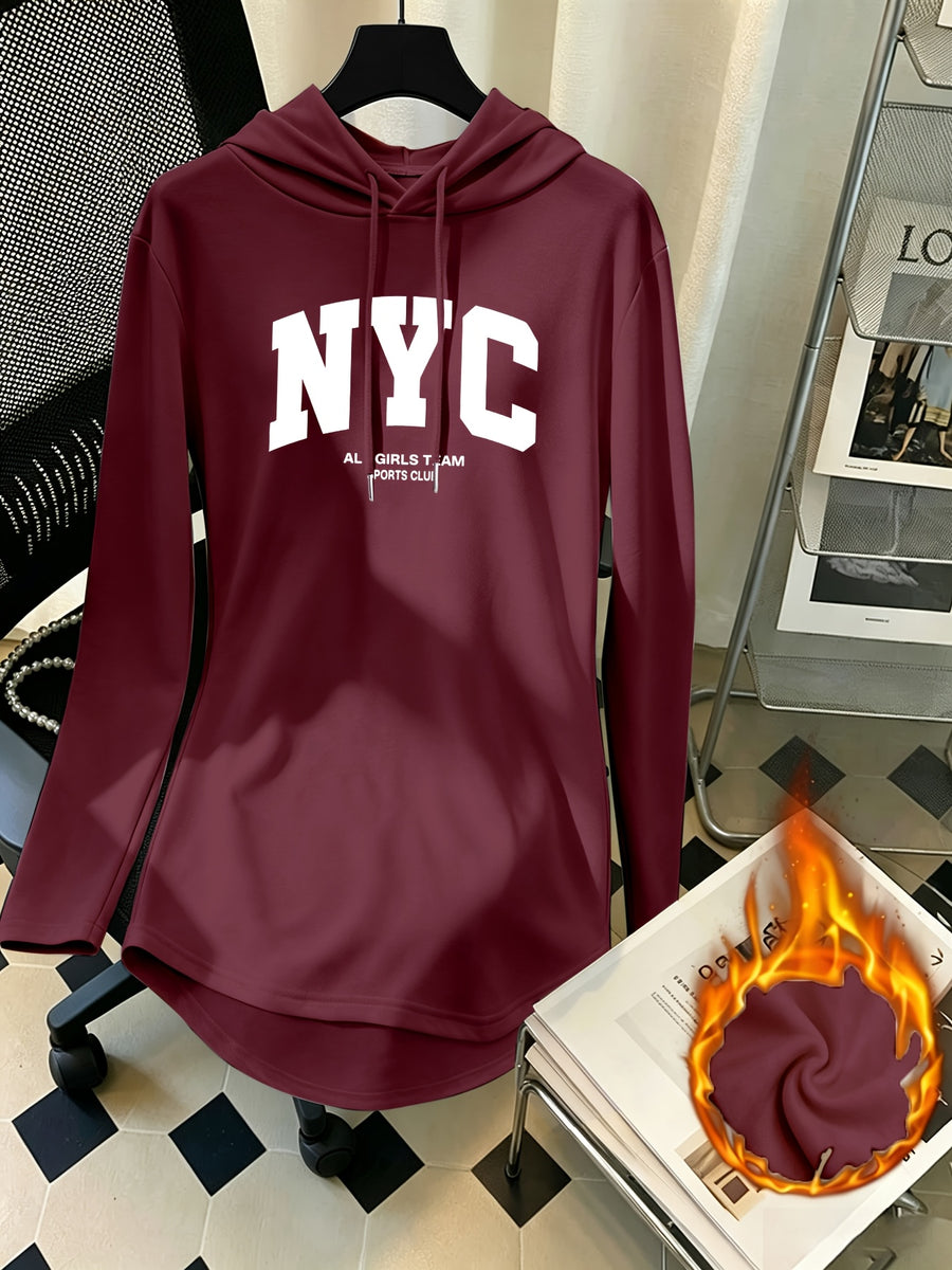 Mid-Length Hooded Sweatshirt for Women, Loose Hip-Covering Letter Print Drawstring Pullover Top - Burgundy