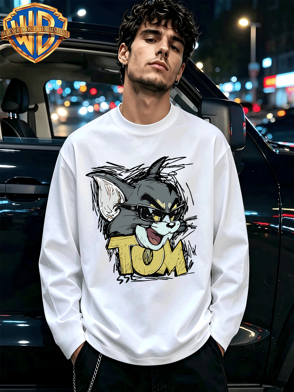 WB Warner Bros. Official Men's & Women's 100% Cotton Long-Sleeve T-Shirt - Iconic WB Print Crew Neck Casual Base Layer Top, Soft Breathable Suitable for Spring/Autumn Outerwear or Layering, Machine Washable Unisex Daily Wear for Daily Outfits - White