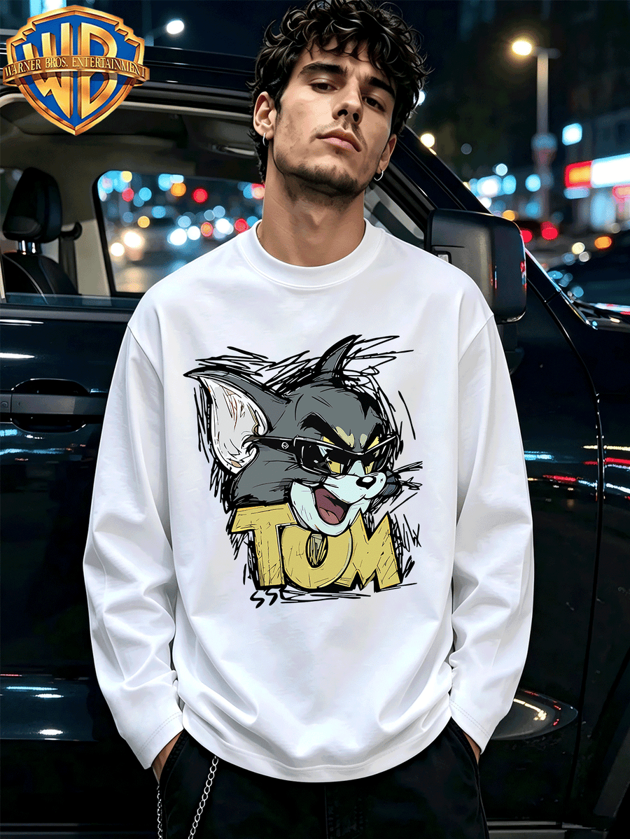WB Warner Bros. Official Men's & Women's 100% Cotton Long-Sleeve T-Shirt - Iconic WB Print Crew Neck Casual Base Layer Top, Soft Breathable Suitable for Spring/Autumn Outerwear or Layering, Machine Washable Unisex Daily Wear for Daily Outfits - White