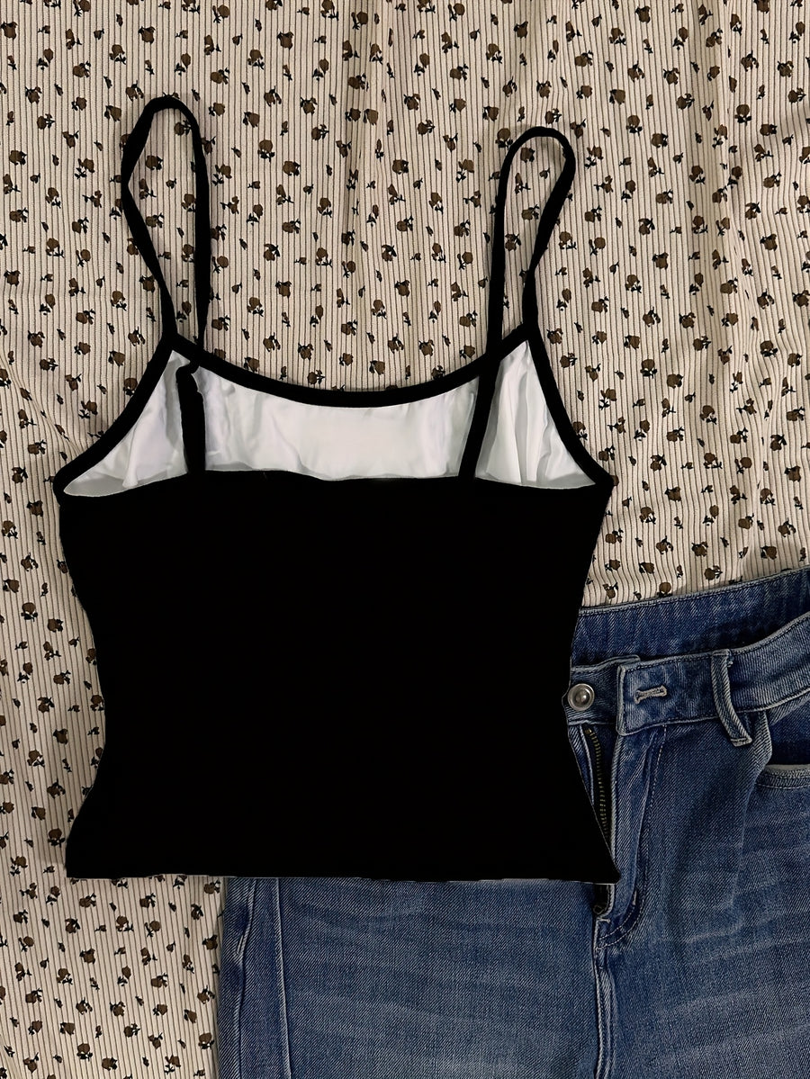Casual and Simple Spaghetti Strap Tank Top with Skull, Cat, and Music Festival Prints, Perfect for Summer Vacations - Black
