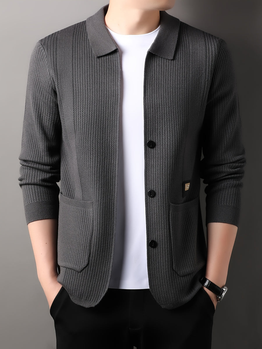 Du Jing Lan OBM Spring/Summer New Arrival Men's Knitted Cardigan, Old Money Style Solid Color Lapel Long Sleeve Open Front Knit Cardigan, Men's Business Casual Fashion Single-Breasted Ribbed Sweater Jacket with Side Pockets, Suitable for Layering - Dark Gray