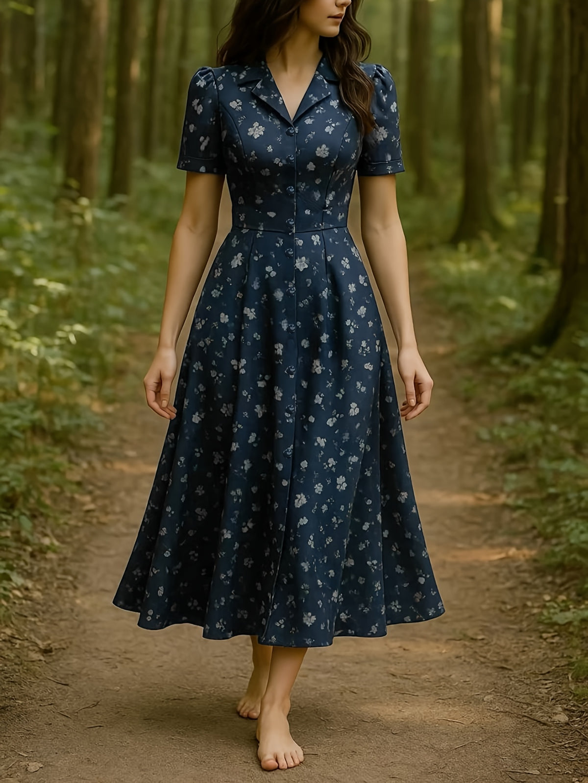 Talan Women's Dress: Spring/Summer Mid-Length Waist-Cinching Floral Print Lapel Dress with Elegant and Sophisticated Appeal - Navy Color