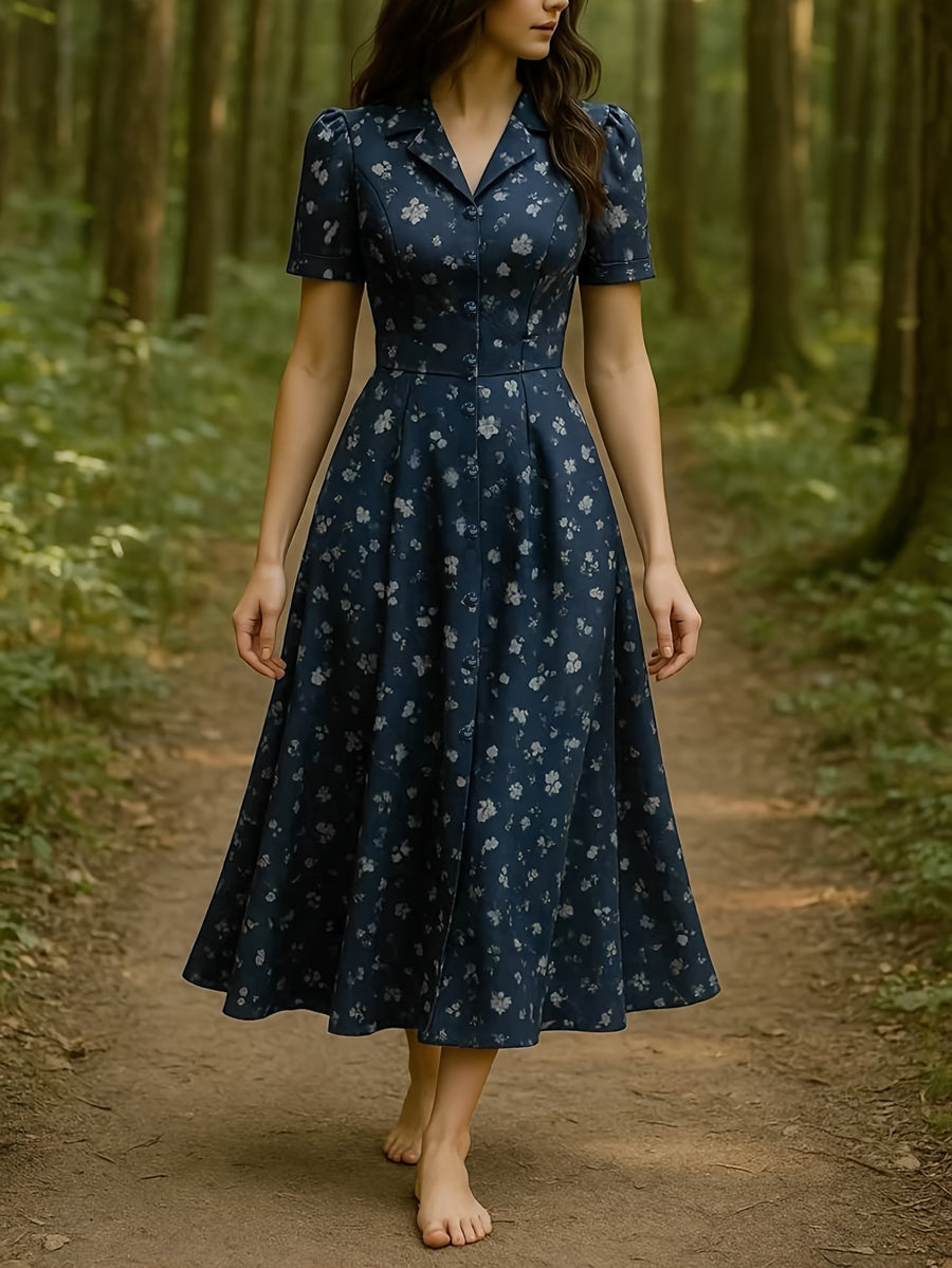 Talan Women's Dress: Spring/Summer Mid-Length Waist-Cinching Floral Print Lapel Dress with Elegant and Sophisticated Appeal - Navy Color