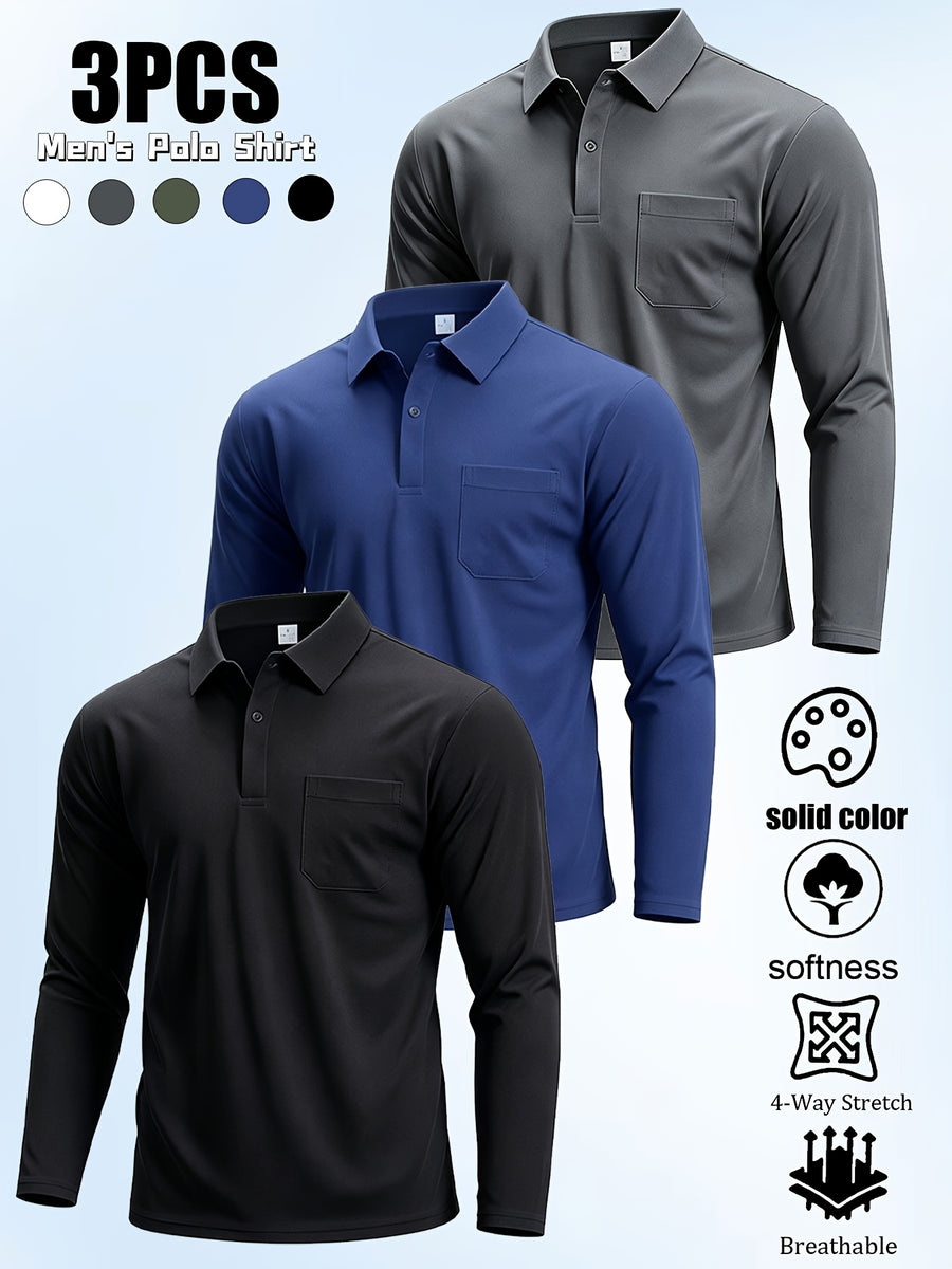 3pcs Men'S Long Sleeve Polo Shirt with Chest Pocket Design, Solid Color Quick-Dry Breathable Golf Polo Shirt, Soft And Smooth, Suitable for Spring And Autumn Wear, Lightweight Daily Commuting, Outdoor Sports, Business Basic Clothing - Black+navy+grey