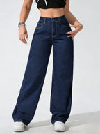 Women'S Loose Pocket Casual Versatile Blue Denim Jeans Straight Fit Jeans - Deep Blue