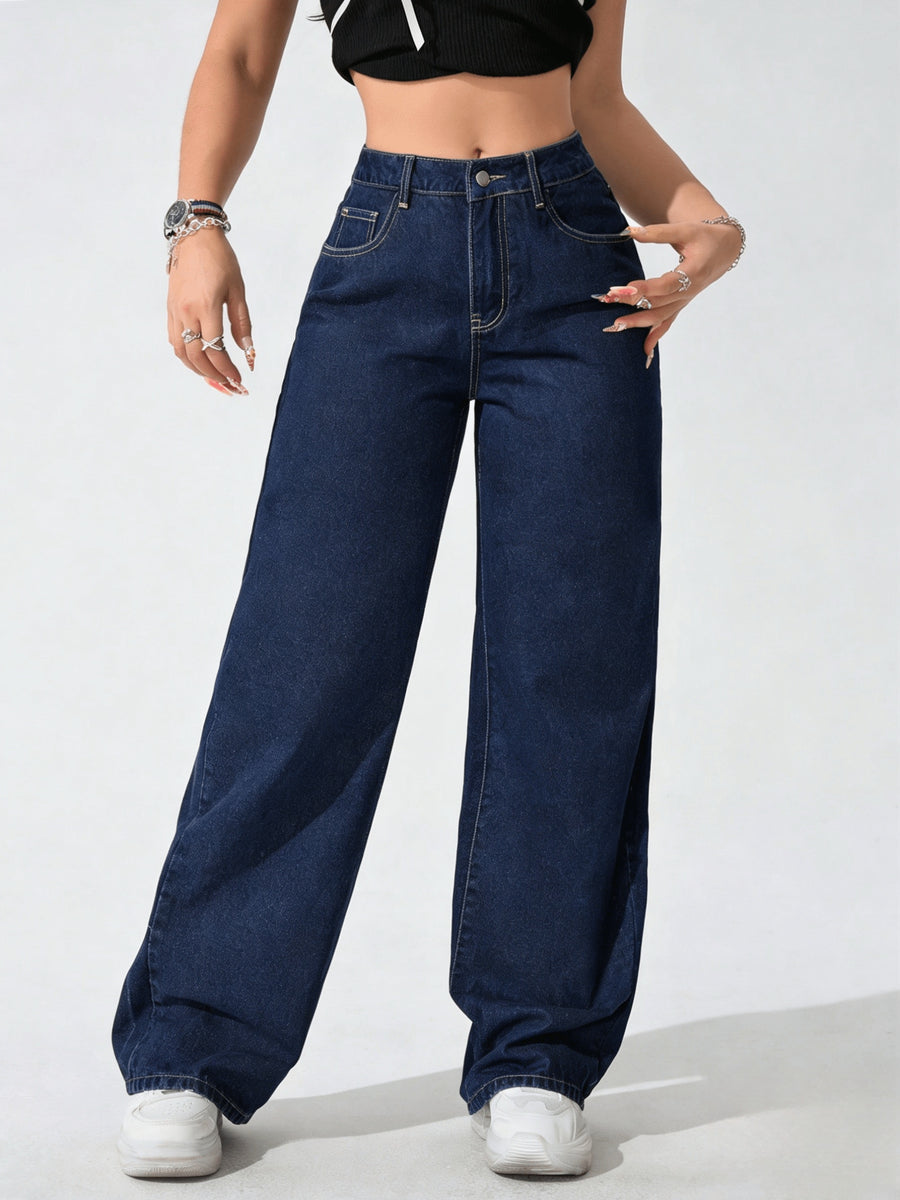 Women'S Loose Pocket Casual Versatile Blue Denim Jeans Straight Fit Jeans - Deep Blue