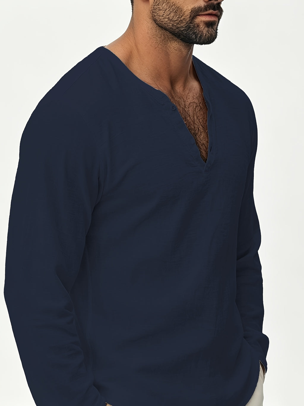 Henley Shirt Men'S Linen Long Sleeve Seasonal Lightweight Breathable V-Neck Loose Beach Vacation Casual Top - Navy Color