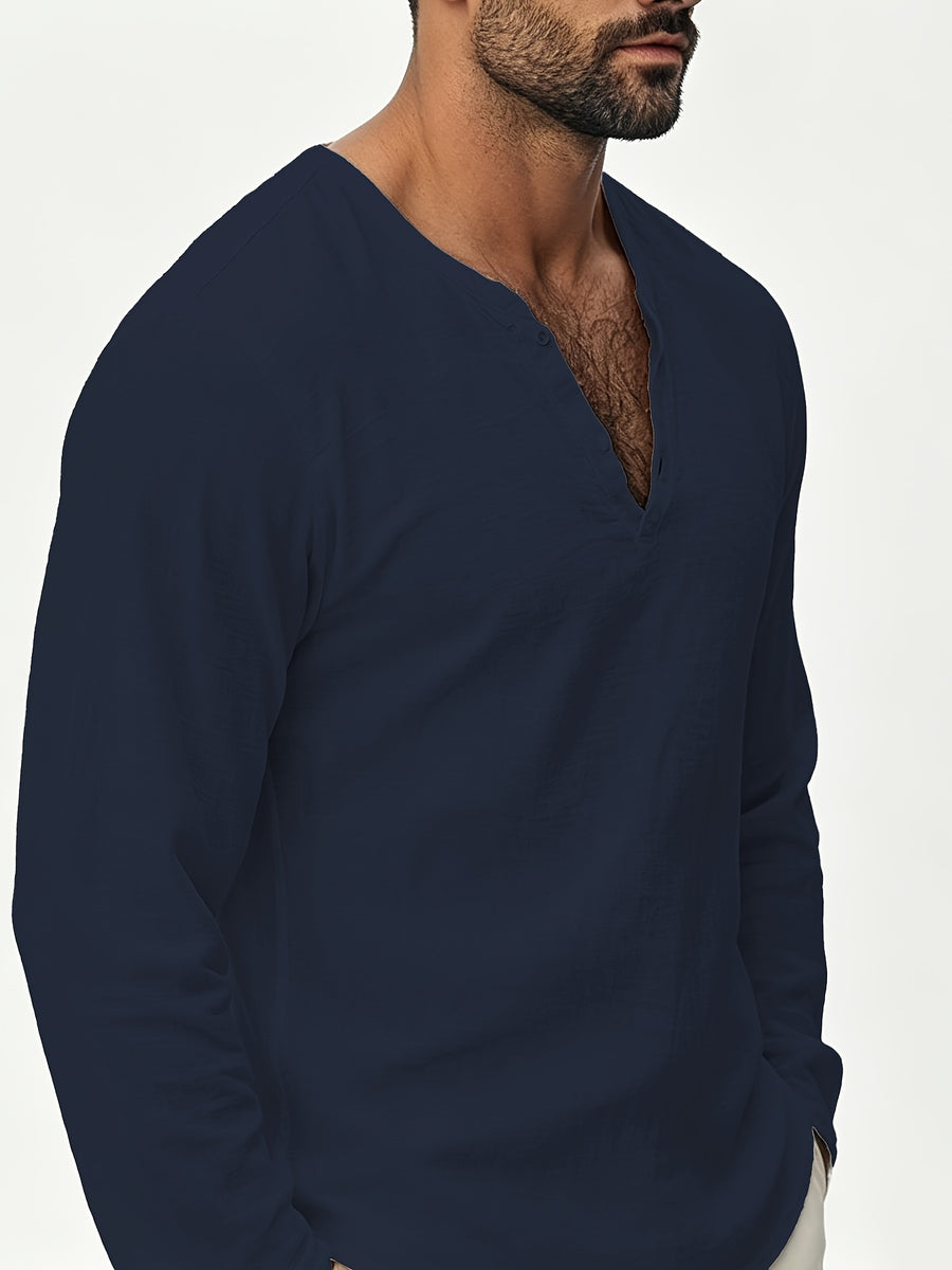 Henley Shirt Men'S Linen Long Sleeve Seasonal Lightweight Breathable V-Neck Loose Beach Vacation Casual Top - Navy Color