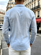 Men's 2pcs Linen Long Sleeve Lapel Shirt, Wrinkle-Resistant, Breathable, Lightweight Pointed Collar Casual Shirt, Chest Pocket Design, Full Button-Front, Loose and Comfortable Fit, Skin-Friendly Soft Quick-Drying Fabric, Solid Color Men's Business - Blue+Card