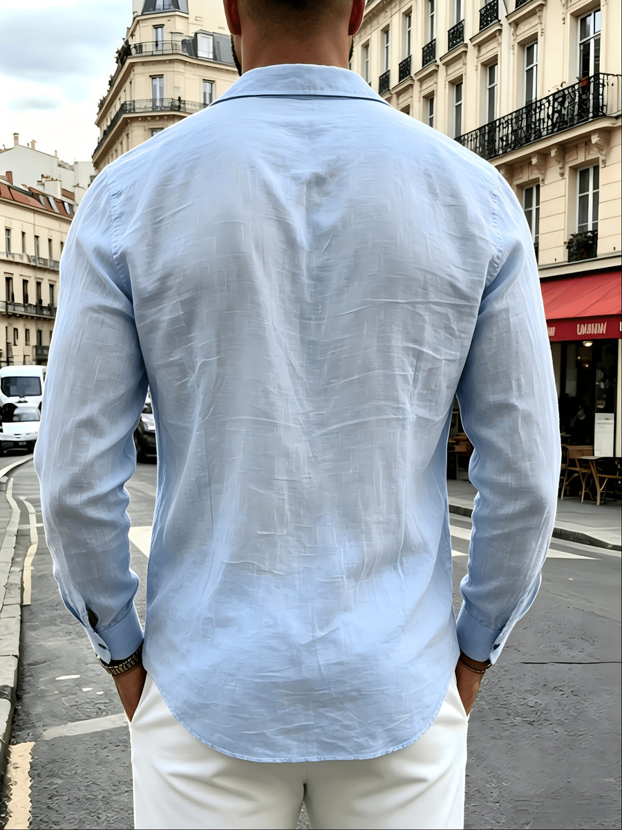 Men's 2pcs Linen Long Sleeve Lapel Shirt, Wrinkle-Resistant, Breathable, Lightweight Pointed Collar Casual Shirt, Chest Pocket Design, Full Button-Front, Loose and Comfortable Fit, Skin-Friendly Soft Quick-Drying Fabric, Solid Color Men's Business - Blue+Card