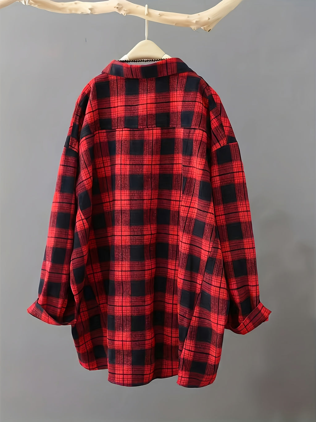 Women's Loose Black and White Plaid Shirt Long Sleeve Casual Commuter Pocket Top Wrinkle-Free Spring Autumn Outerwear - Red-Black