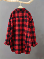 Women's Loose Black and White Plaid Shirt Long Sleeve Casual Commuter Pocket Top Wrinkle-Free Spring Autumn Outerwear - Red-Black