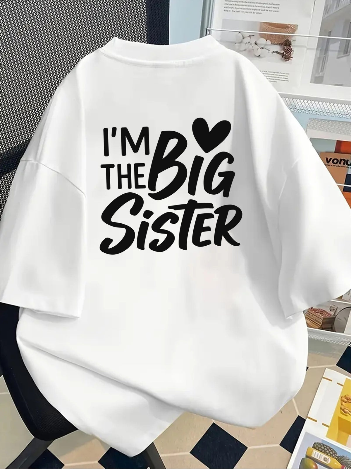 Ladies' Casual Short-Sleeve T-Shirt, I Am The Big Sister, Featuring a Soft Short-Sleeve Print, Front And Back Design, Loose-Fitting Round Neck Top in Japanese And Korean Style, White, Machine Washable, Suitable for Spring And Summer - White
