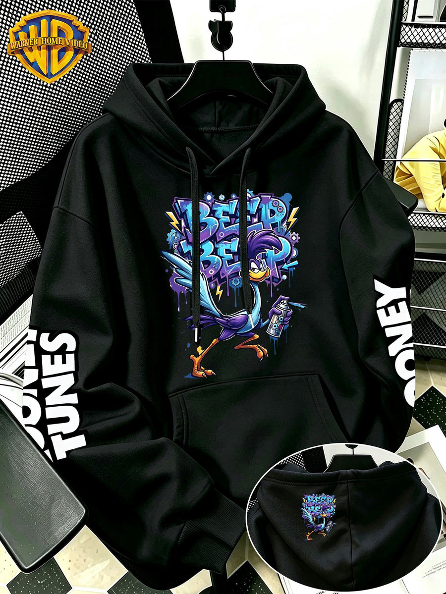 WB Warner Bros Official Men's & Women's Cyber Graffiti Runaway Bird Hoodie - Iconic WB Print Sweatshirt, Adjustable Hood, Loose Fit Warm Pullover for Fall/Winter, Machine Washable Suitable for Daily Wear & Outdoor Sports - Black