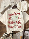 Women's Martini Drinking Club T-Shirt - Short Sleeve Round Neck Blouse Top with Martini & Lettering, Machine Washable Casual Beachwear Suitable for Vacations, Parties, Everyday Outfits - Non- Year-Round Wardrobe Staple - Light Beige