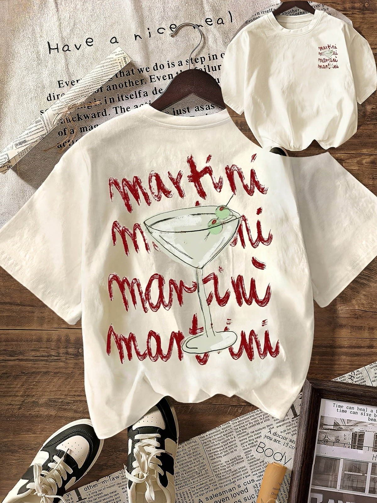 Women's Martini Drinking Club T-Shirt - Short Sleeve Round Neck Blouse Top with Martini & Lettering, Machine Washable Casual Beachwear Suitable for Vacations, Parties, Everyday Outfits - Non- Year-Round Wardrobe Staple - Light Beige