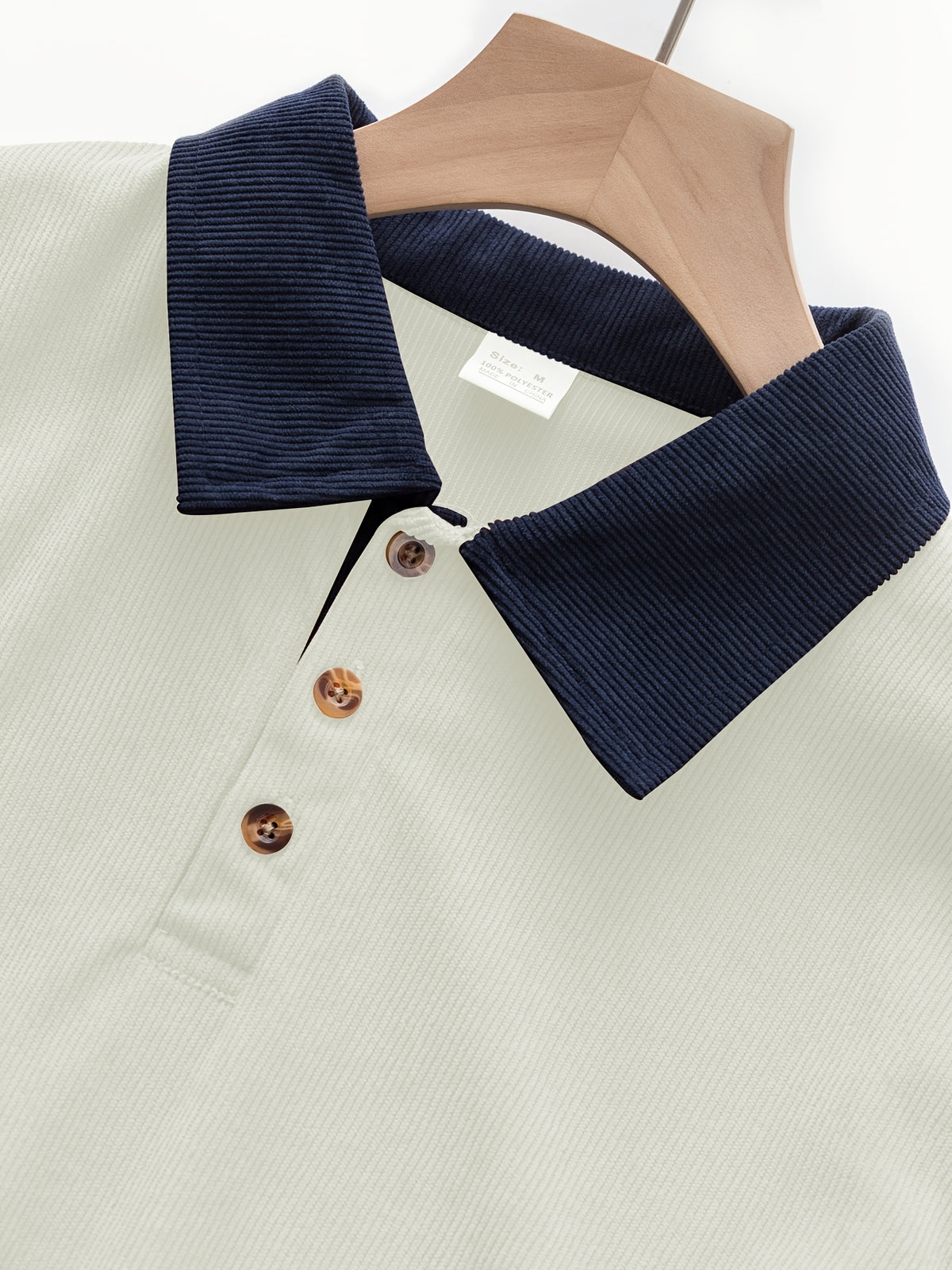 Men's Color-Block Spliced Long-Sleeve Polo Shirt Two-pc, Vertical Stripe Texture, Letter Print Lapel Top, Spring/Autumn Business Casual Versatile 2pcs Men's Sweatshirt Set - White+Navy Blue