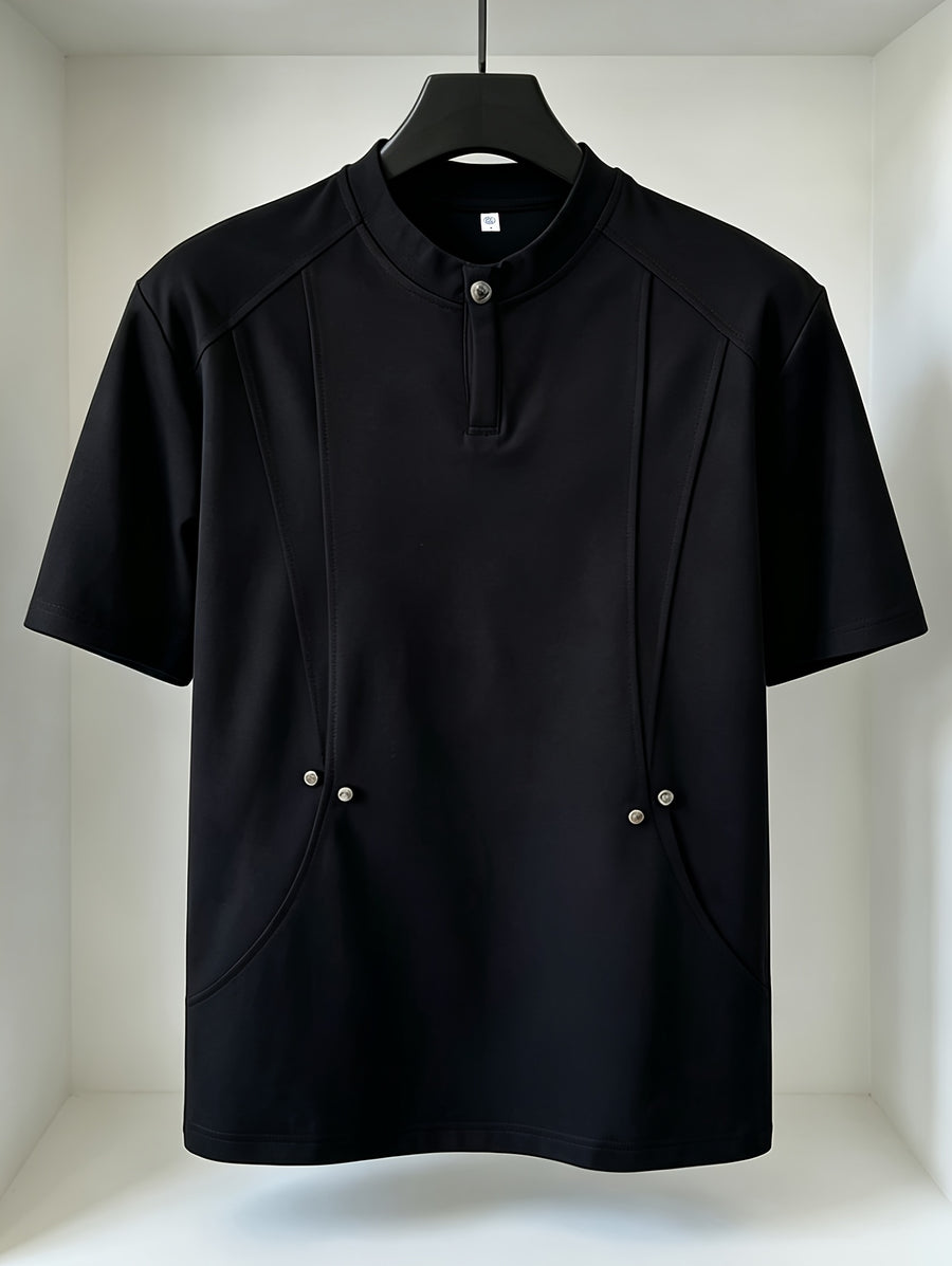 Men's Casual Deconstructed Studded Fashion Short Sleeve Loose Fit Henley Collar Snap Button Design T-Shirt, Available in Stock for Summer - Black