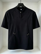 Men's Casual Deconstructed Studded Fashion Short Sleeve Loose Fit Henley Collar Snap Button Design T-Shirt, Available in Stock for Summer - Black
