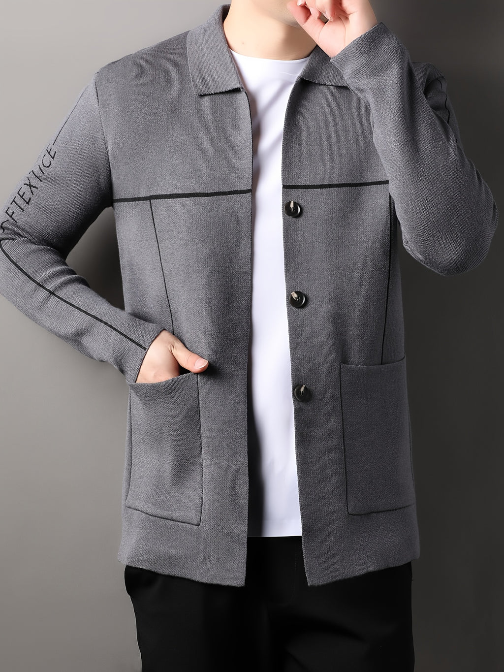 Xingfan Autumn/Winter Men's Line Embroidery Cardigan Long Sleeve Casual Lapel Knitted Outerwear - Grey