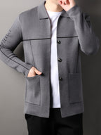 Xingfan Autumn/Winter Men's Line Embroidery Cardigan Long Sleeve Casual Lapel Knitted Outerwear - Grey