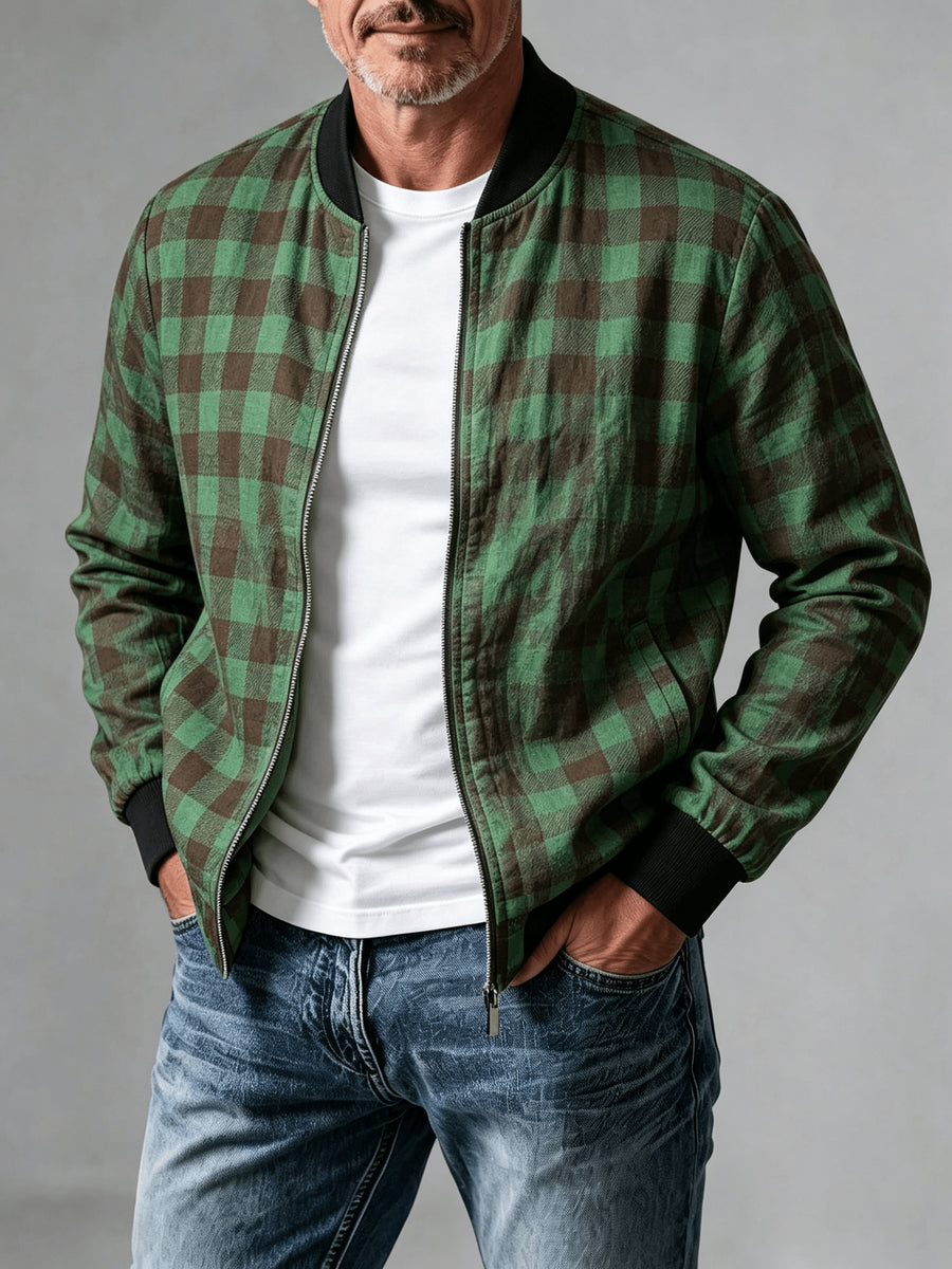 Men's Vintage Waffle Check Baseball Jacket with Zipper Front & Collar - Multi-Color Plaid Cardigan Coat (Black/White/Red/Brown/Green), Machine Washable Suitable for Commuting, Casual Streetwear Outerwear, Spring/Autumn Daily Jacket - Green Brown