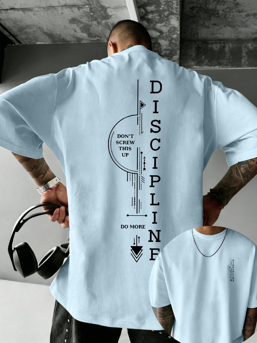 Men'S 100% T-Shirt, Letter Print on Back, Comfortable And Breathable, All-Season Wear, Casual Style - Light Blue Color