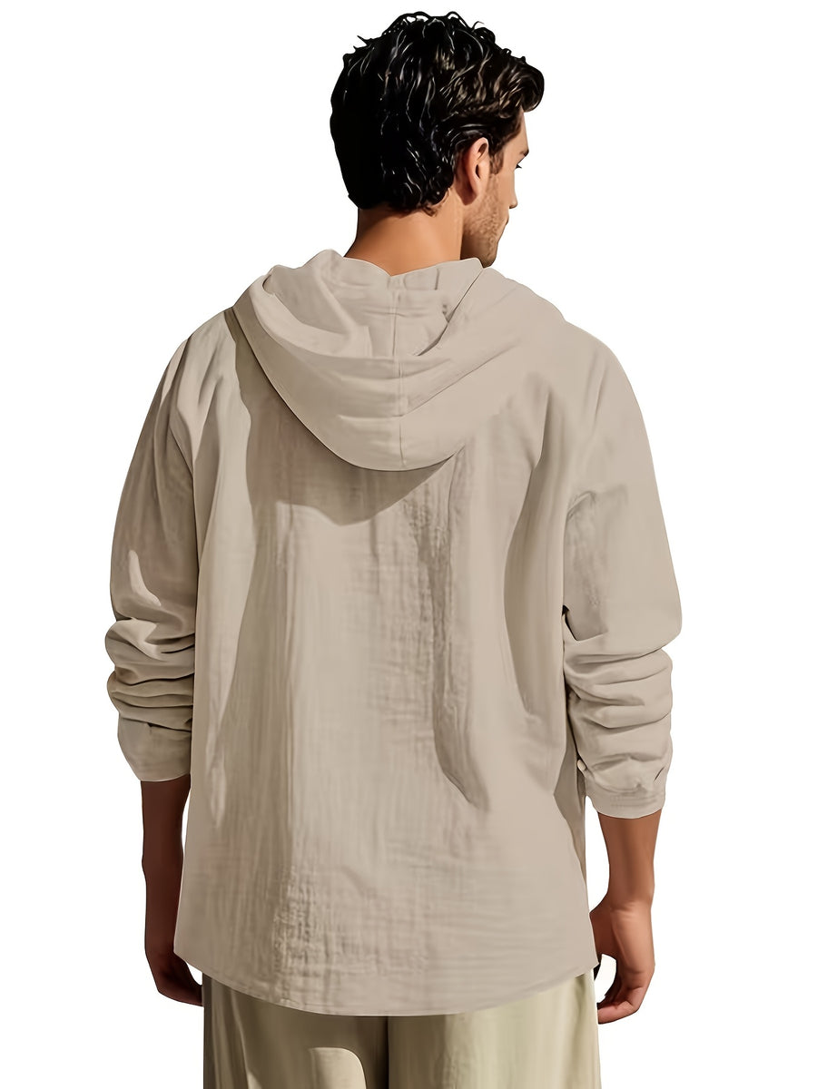 Men'S Linen Hooded Drawstring Henley Shirt Breathable Skin-Friendly Anti-Wrinkle Drape Daily Commute/Outdoor Leisure/Light Exercise Drawstring Hood And Button-Up Placket Loose All-Match Multi-Color Optional - Khaki