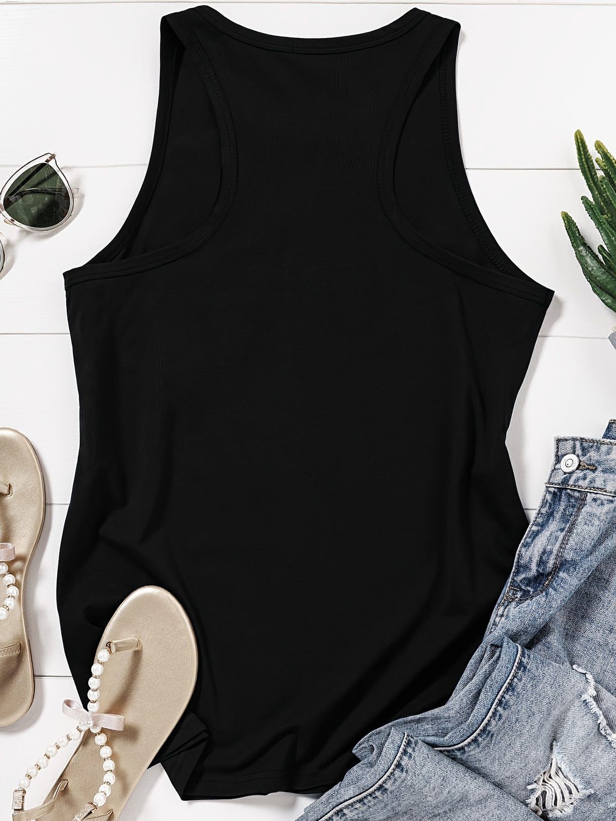 Graphic Print Tank Top, Sleeveless Casual Top For Summer & Spring, Women'S Clothing - Black
