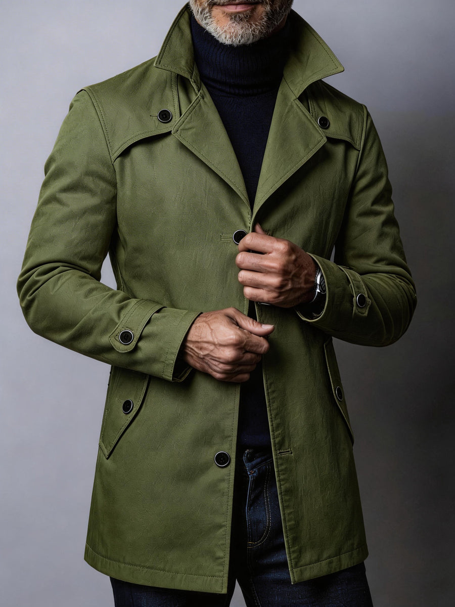 Men'S New Spring/Autumn Season Western Mature Stable Men'S Commute Fashion Trendy Meeting Solid Color Casual Durable Wear-Resistant Design Style Trench Coat Versatile Top Texture - fern green