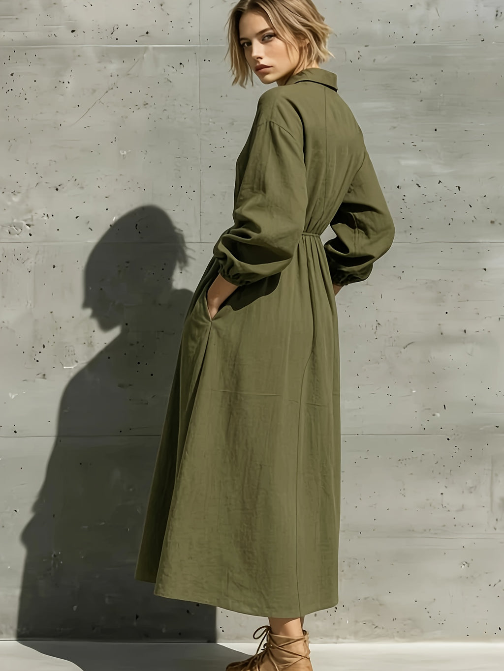 Women'S Elegant Vacation Style Shirt Dress, Lapel Waist Drawstring Loose Long Skirt, Long Sleeve Flared Skirt Commute Casual Literary Dress, Lazy Style Coverage Mid-Length Dress, Spring Summer Sheer Temperament Daily Style Dress YTD Cherry - Green