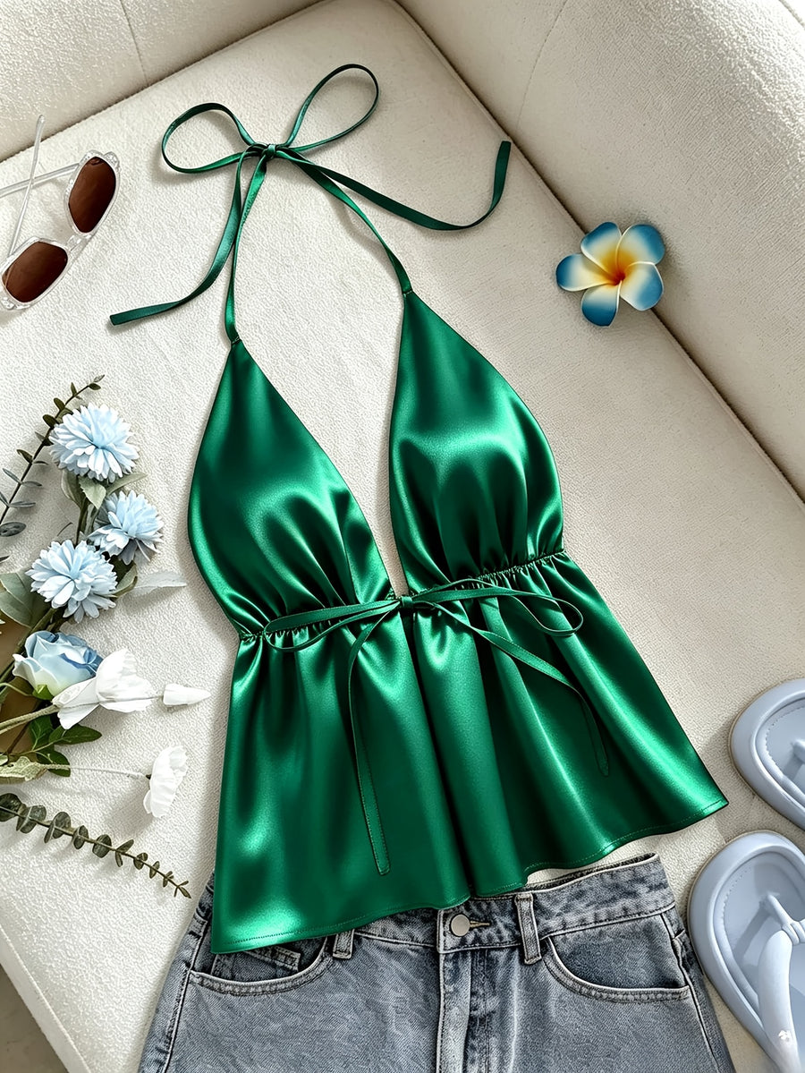 1pc Solid Color Spring Summer Beach Vacation Casual Satin Ruffled Cami Top - Green