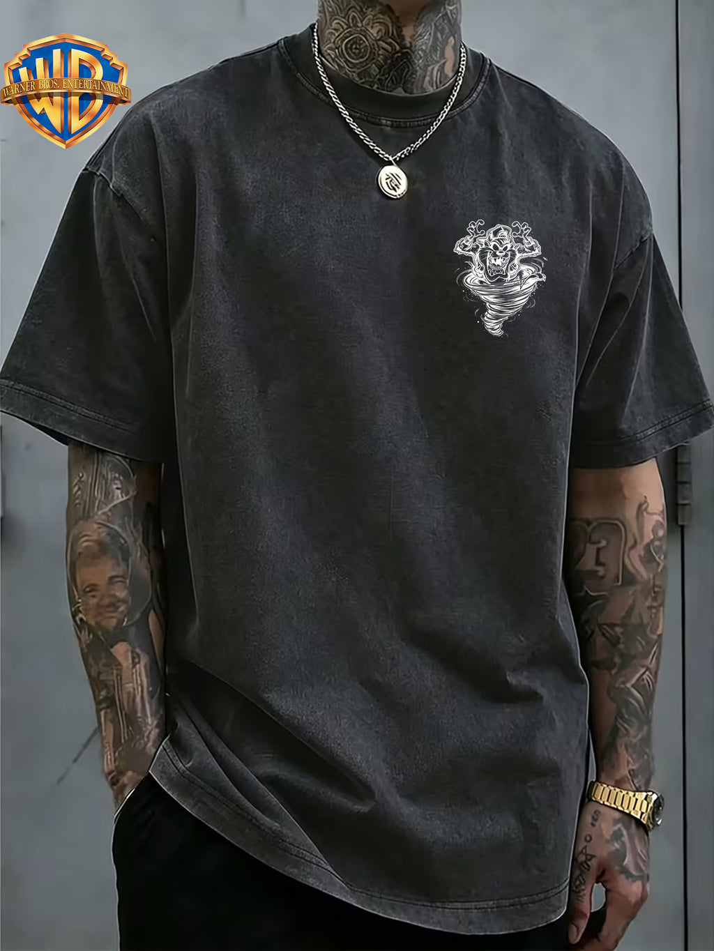Whirlpool Mouth Monster Print Washed T-Shirt, Men'S 100% Fabric, Casual Comfortable Style, Loose Fit Breathable Short Sleeve Men'S Casual Top, Distressed Washed Loose Fit - Black